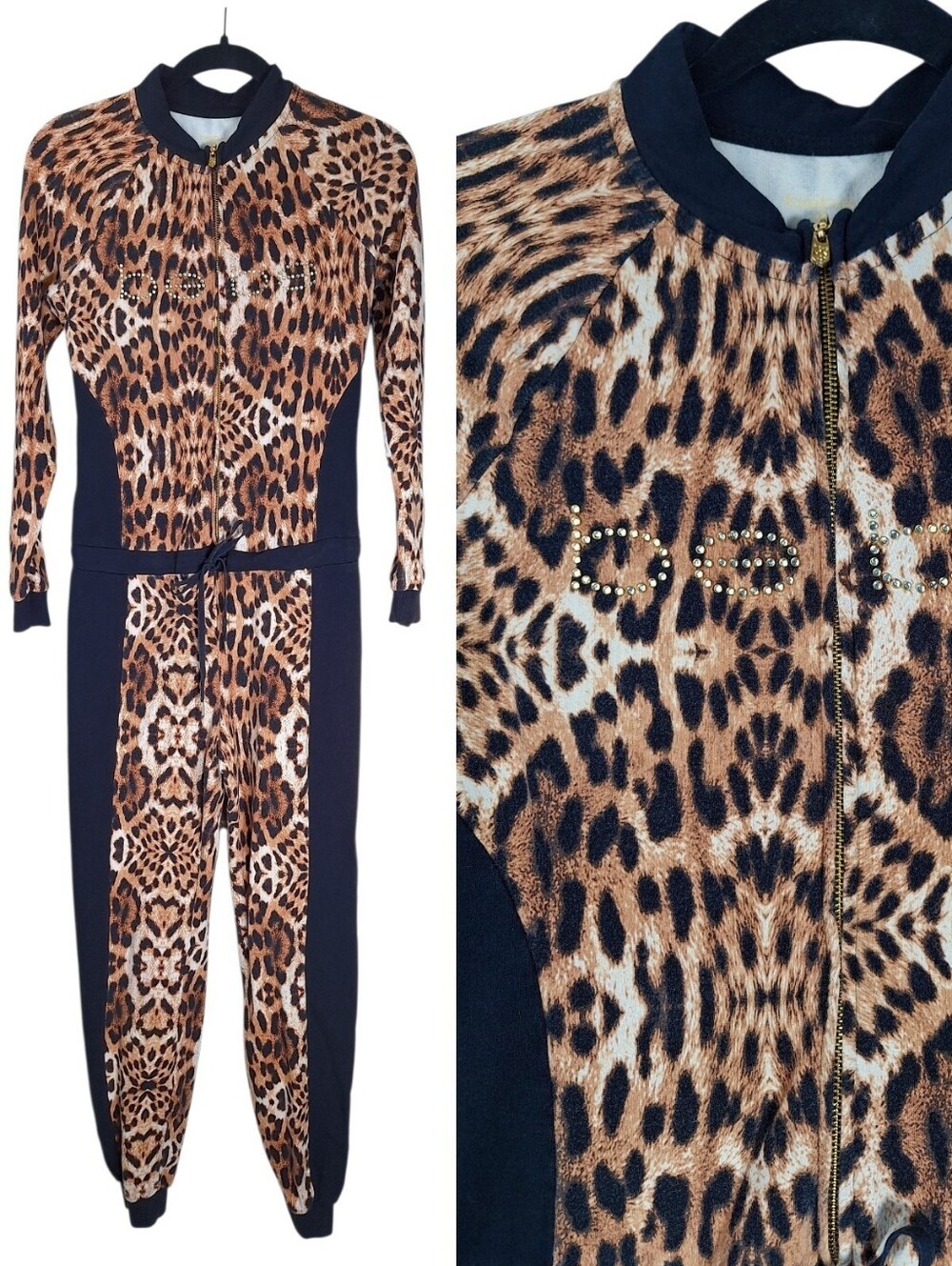 Bebe Long Sleeve Leopard Jumpsuit Sz Small Rhinestone Logo Indie Sleaze  Y2K